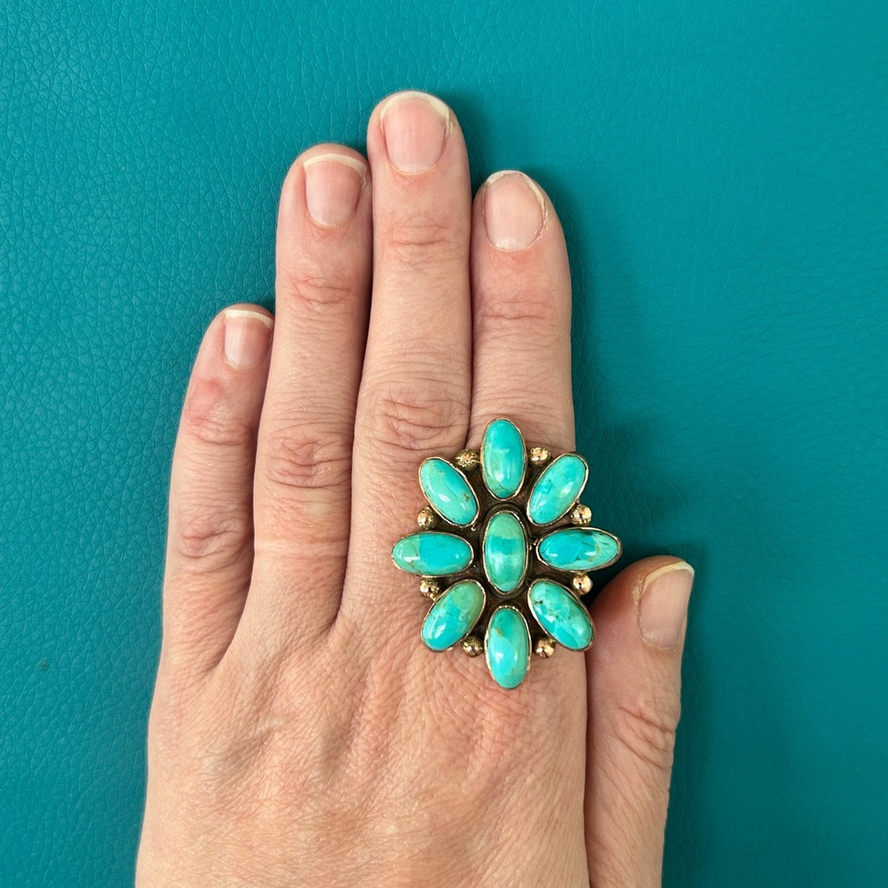 Handmade Kingsman Turquoise and Copper Floral Statement Ring Size 7